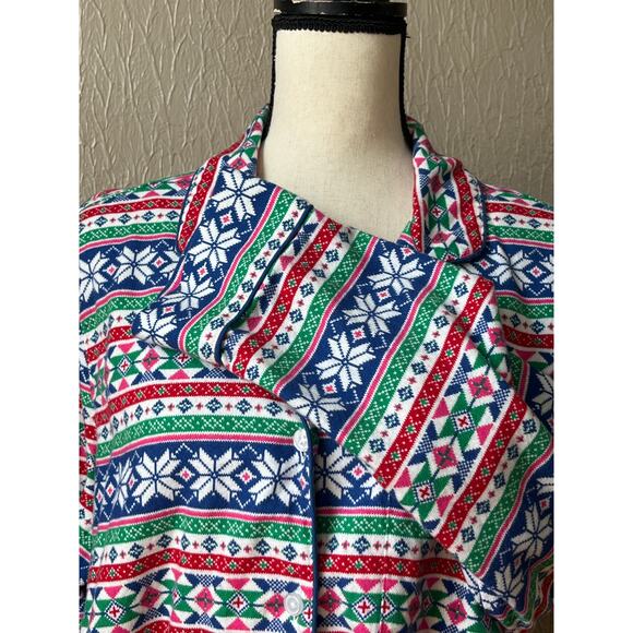 Lands End Women's Holiday Pajama Flannel Top Green Sleep Shirt Fair Isle XL/18 - Picture 6 of 12